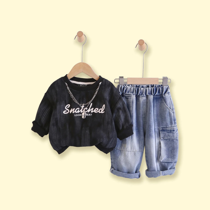 Boys Black Typography Sweatshirt With Denim Pants Sets 2 pc. Sets Black 1-2 Y