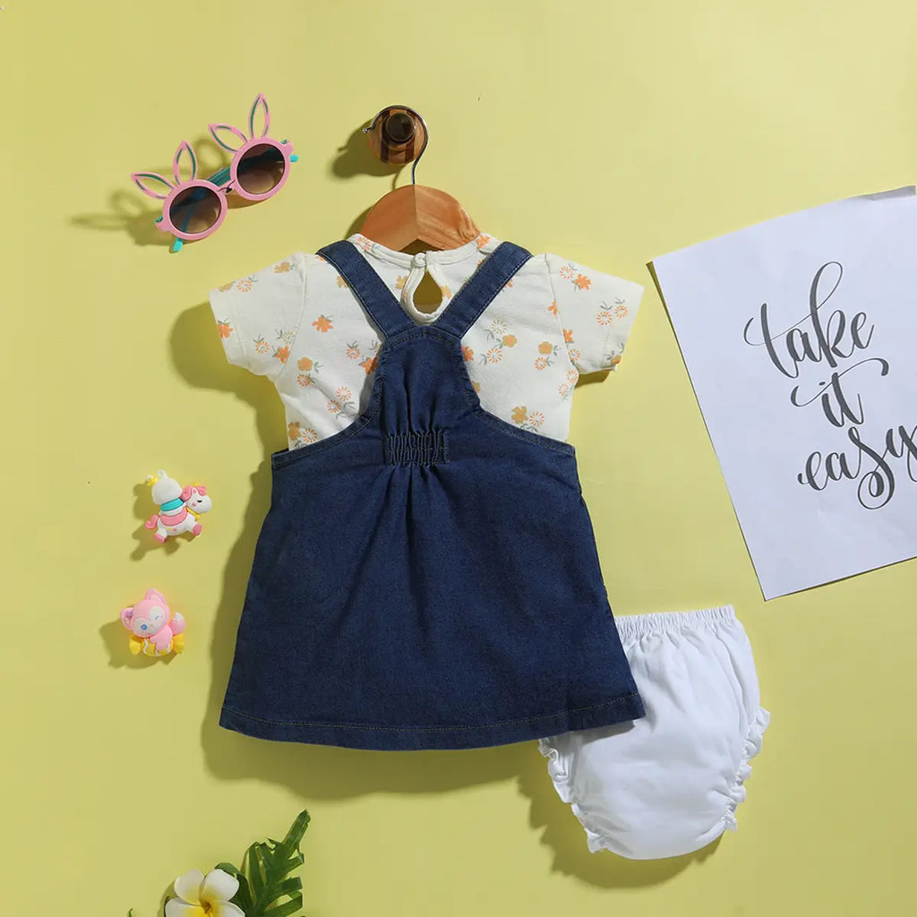 Girls Orange Applique Printed T-Shirt With Denim Dungaree and Diaper Cover Sets 3 pc. Sets
