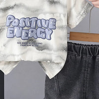 Boys Off White Typographic Print T-Shirt With Denim Shorts Sets Sets