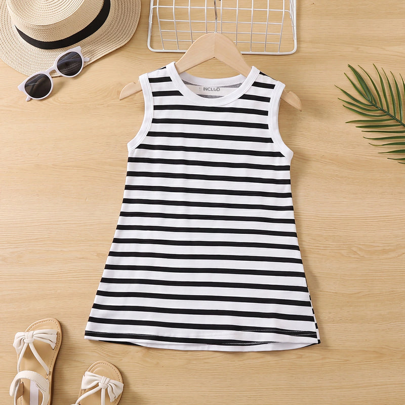 Girls Black Striped Sleeveless Midi Dress Casual Dresses Black 1-2 Y