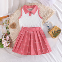 Girls Sleeveless Polo Collar Top With Pink Bow Print Pleated Skirt Set 2 pc. Sets