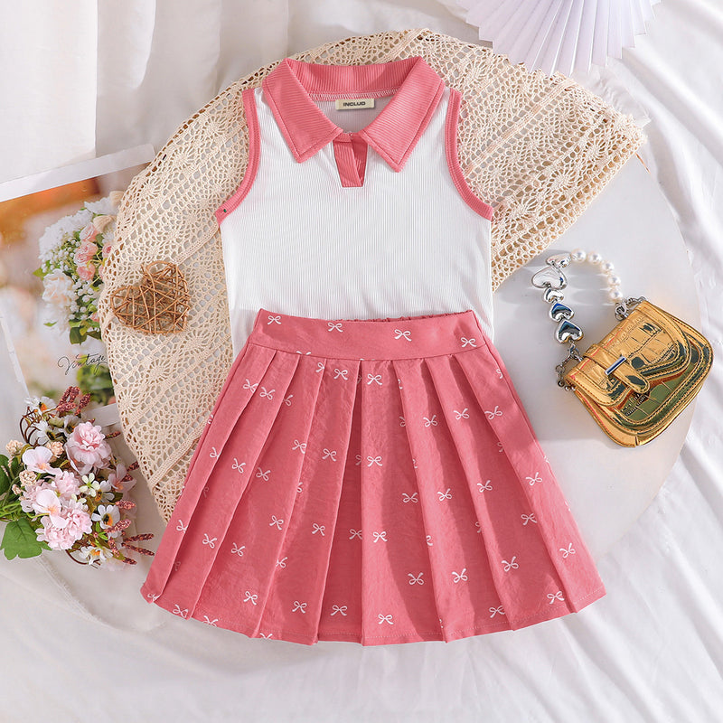 Girls Sleeveless Polo Collar Top With Pink Bow Print Pleated Skirt Set 2 pc. Sets