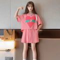 Girls Pink Heart Print Short Sleeves Top With Shorts Set Sets Pink 5-6 Y