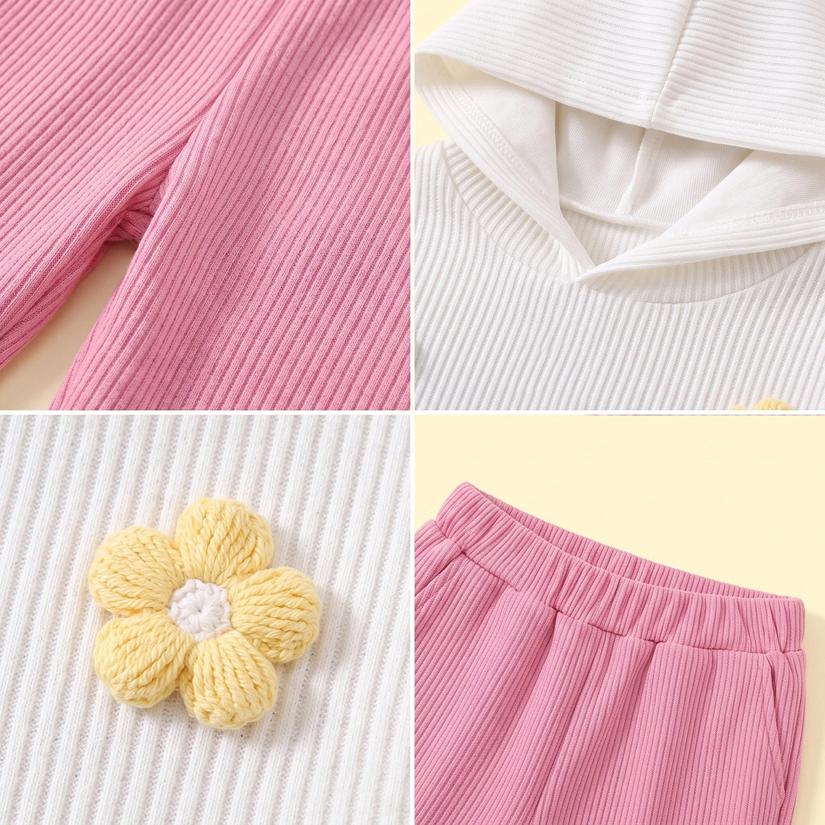 Girls White Flower Applique Hooded Sweatshirt With Joggers Sets Sets