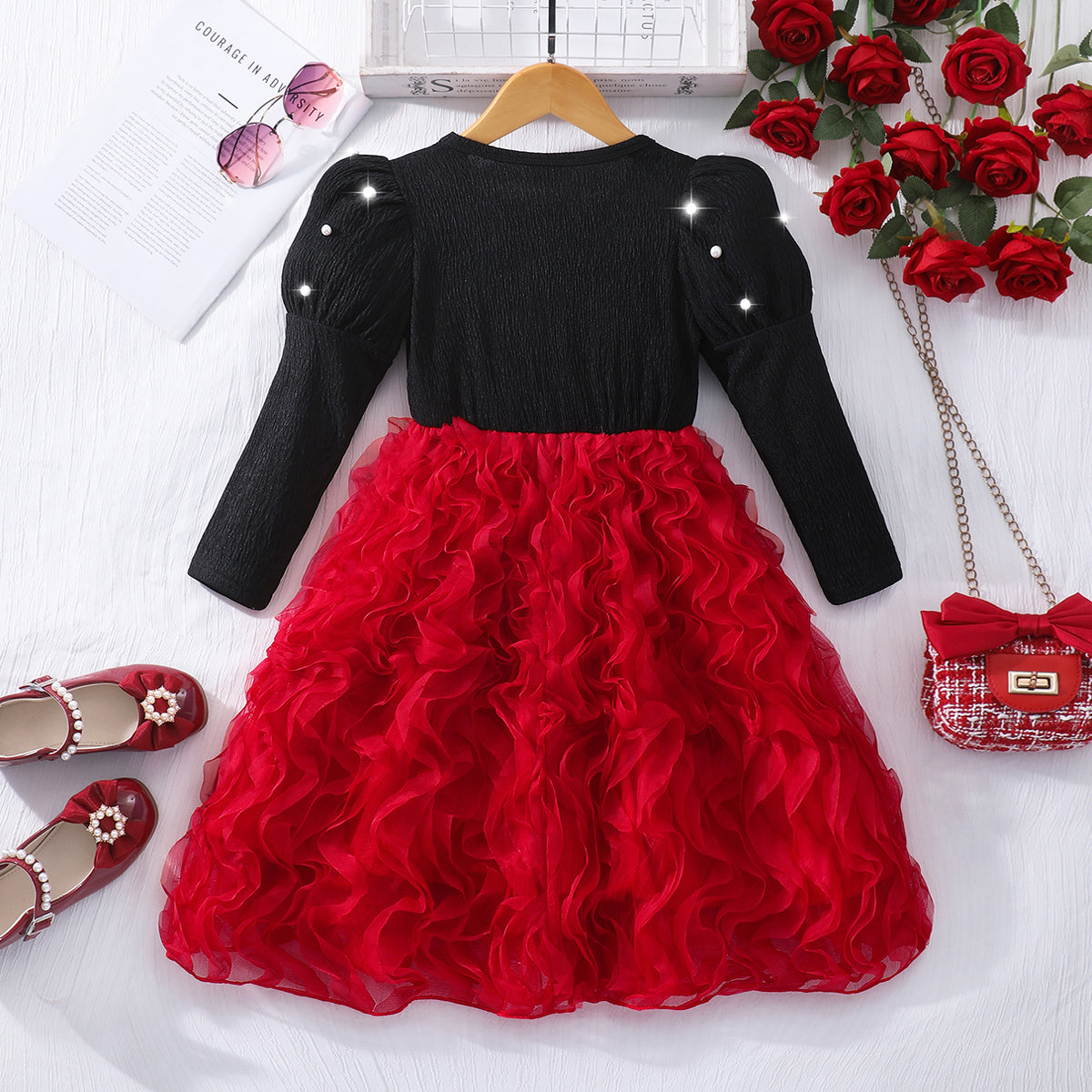 Girls Red Textured Beaded Fit & Flare Dress Casual Dresses