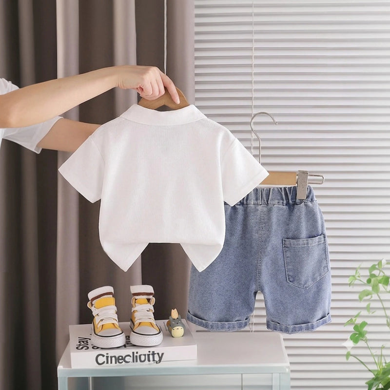 Boys White Short Sleeve Polo T-shirt With Denim Shorts Sets 2 pc. Sets