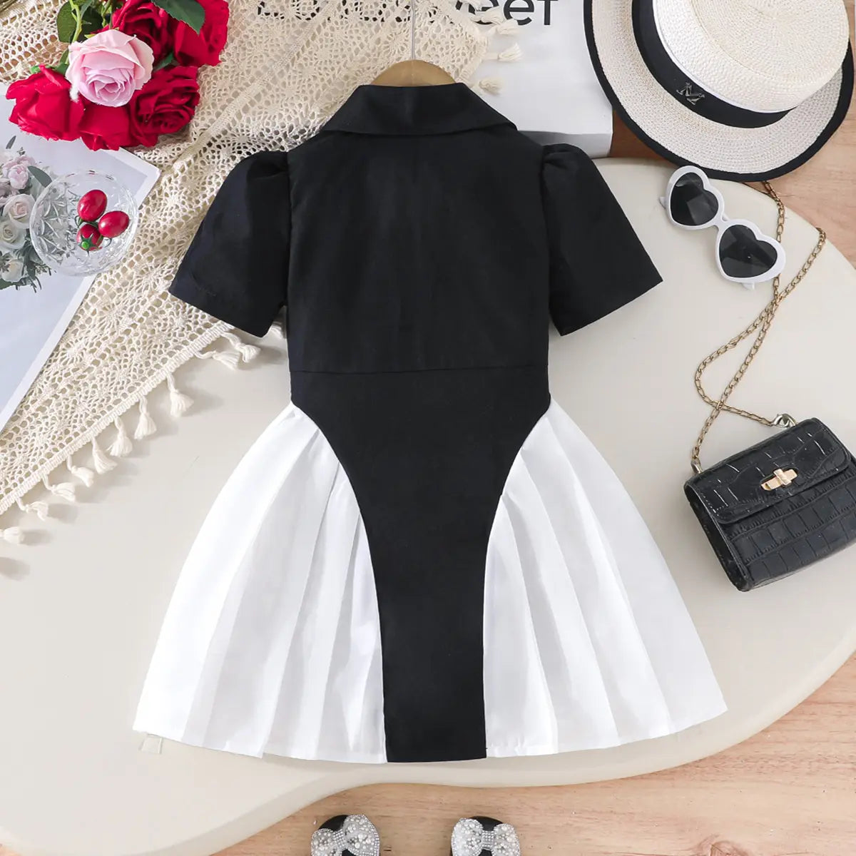 Girls Black Puff Sleeves Pleated Fit And Flare Dress Casual Dresses