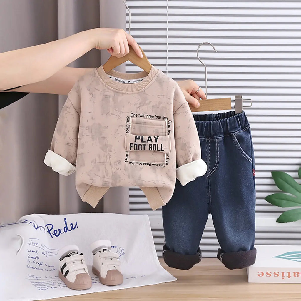 Boys Khaki Abstract Printed Sweatshirt With Denim Pants Set Sets Khaki 1-2 Y