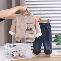 Boys Khaki Abstract Printed Sweatshirt With Denim Pants Set Sets Khaki 1-2 Y