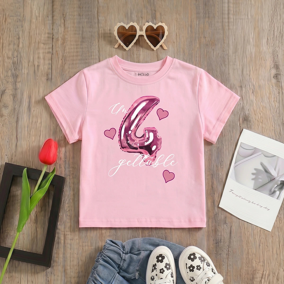 Girls Pink Heart Print Short Sleeve T-Shirt Tshirts Pink 1-2 Y