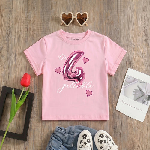 Girls Pink Heart Print Short Sleeve T-Shirt Tshirts Pink 1-2 Y