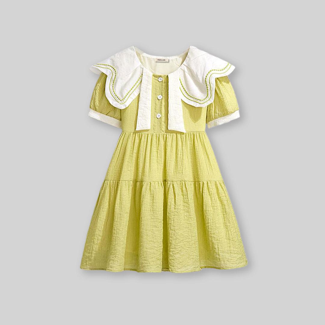 Girls Short Sleeve Peter Pan Big Collar Dress Casual Dresses   