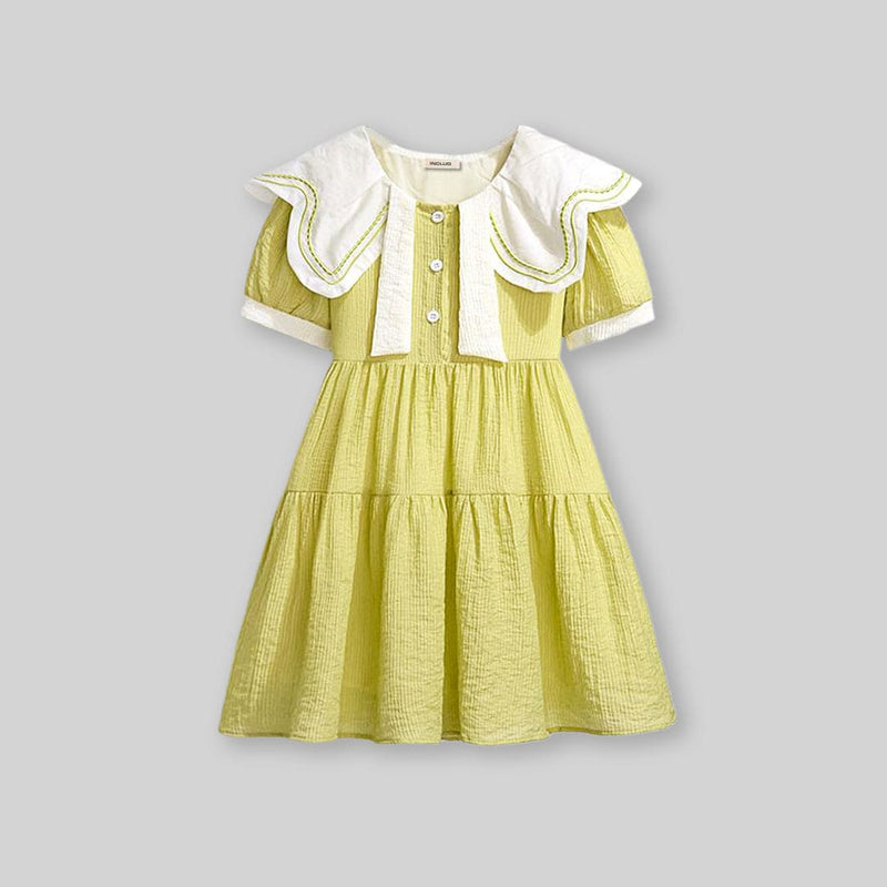 Girls Short Sleeve Peter Pan Big Collar Dress Casual Dresses   