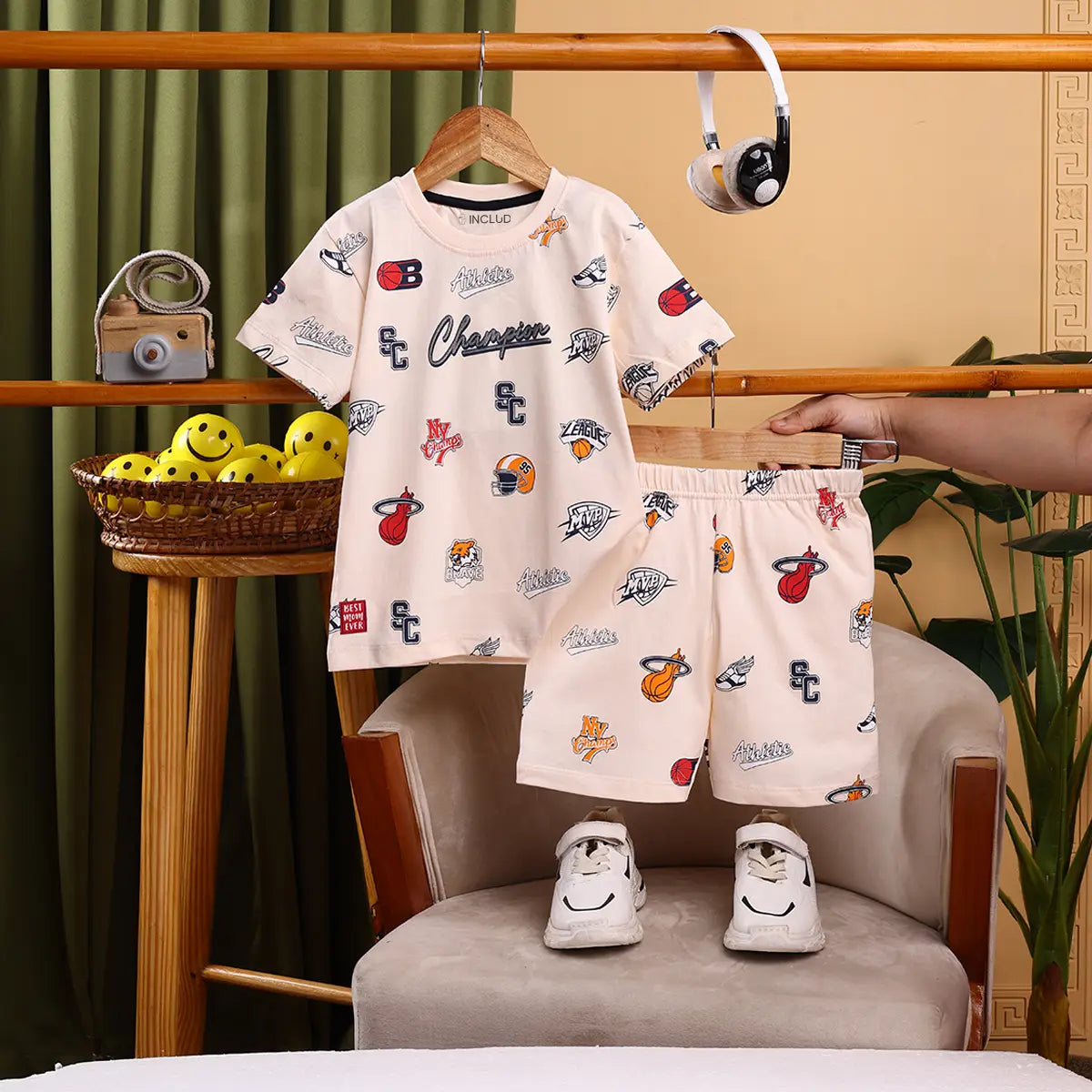 Boys Apricot AOP Graphics Short Sleeve T-Shirt With Elasticated Shorts Sets Sets Apricot 1-2 Y