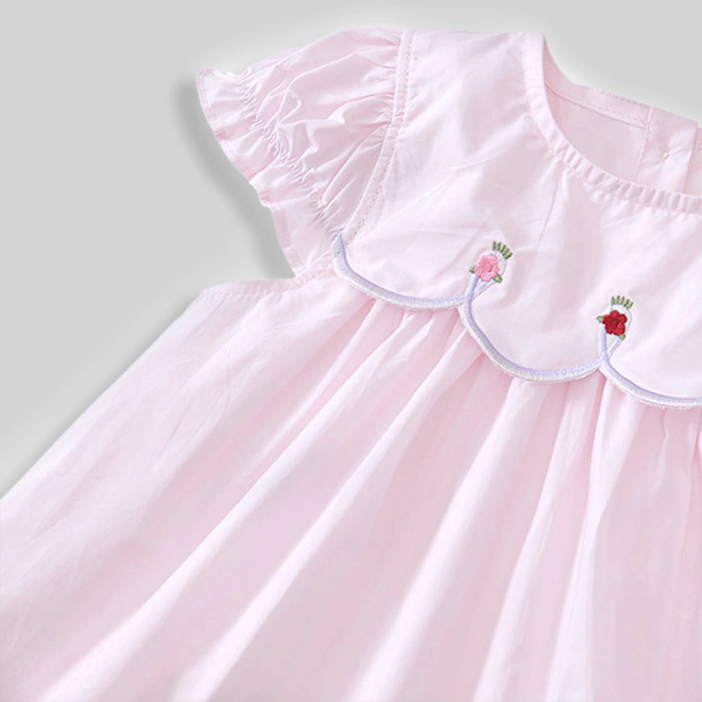 Girls Light Pink Embroidered Puff Sleeve Fit & Flare Dress Casual Dresses