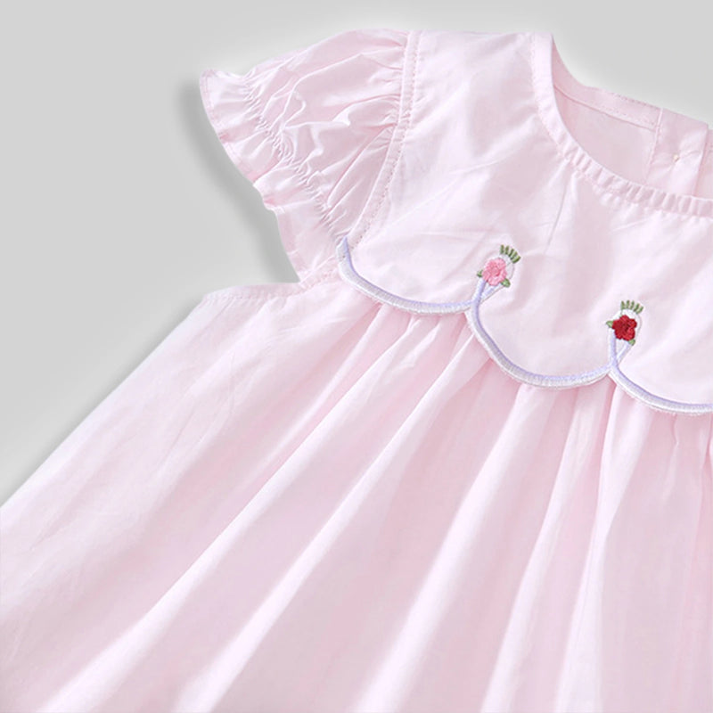 Girls Light Pink Embroidered Puff Sleeve Fit & Flare Dress Casual Dresses