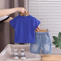 Boys Royal Blue Pineapple Printed Round Neck T-Shirt With Denim Shorts Sets 2 pc. Sets