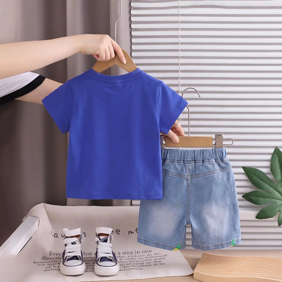 Boys Royal Blue Pineapple Printed Round Neck T-Shirt With Denim Shorts Sets 2 pc. Sets