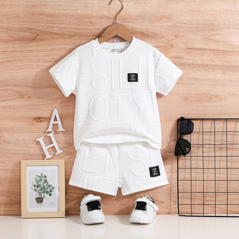 Boys White Typographic Self Designed T-Shirt With Shorts Set 2 pc. Sets White 3-4 Y