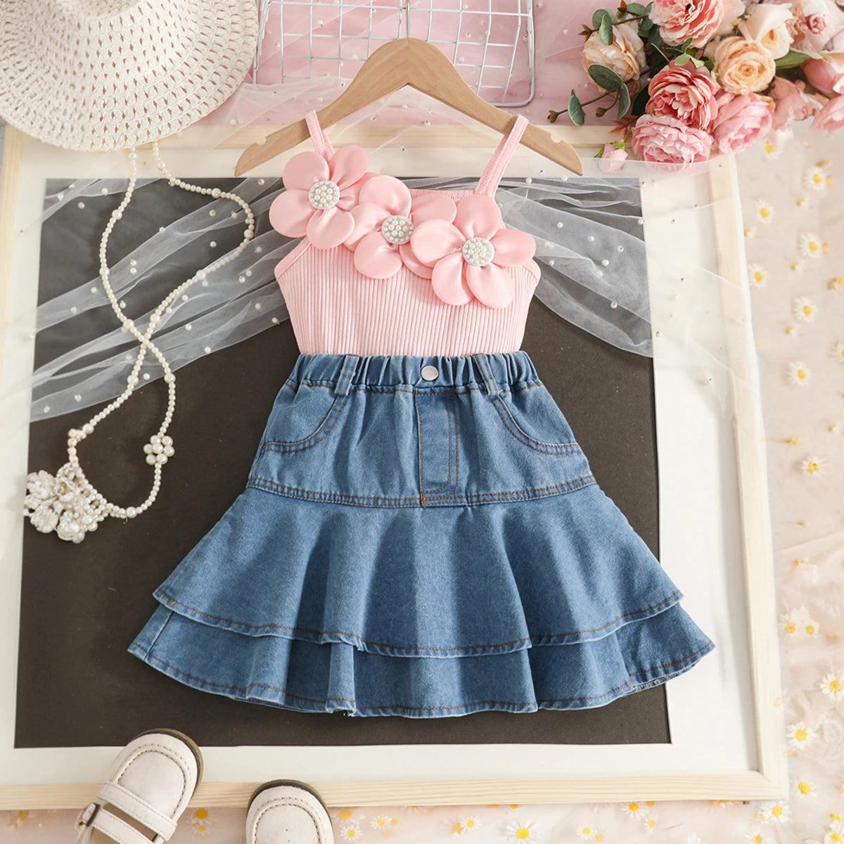 Girls Pink 3D Flower Applique Crop Top With Tiered Denim Skirts Set Sets