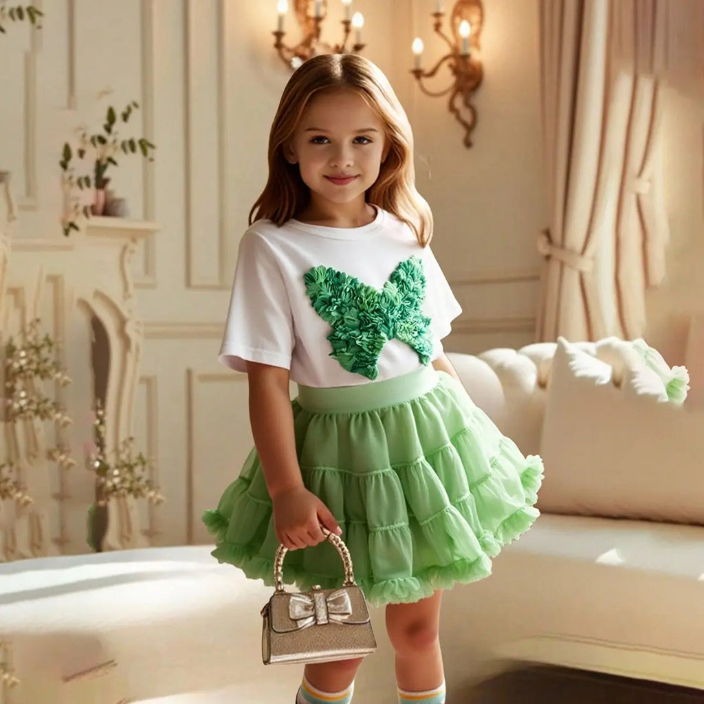 Girls 3D Butterfly Applique Top With Green Tiered Tulle Skirt Sets Sets