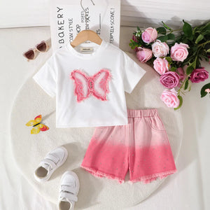 Girls White Butterfly Applique T-Shirt With Ombre Print Shorts Sets Sets White 2-3 Y