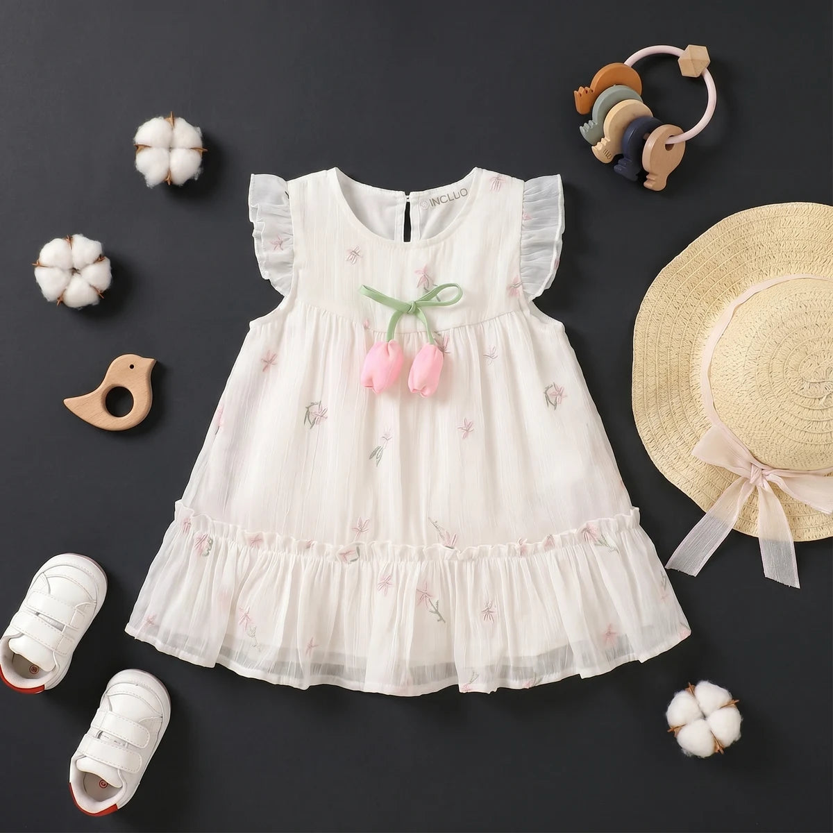 Girls White Floral TulipBow Applique A-line Dress With Sun Hat Casual Dresses White 1-2 Y