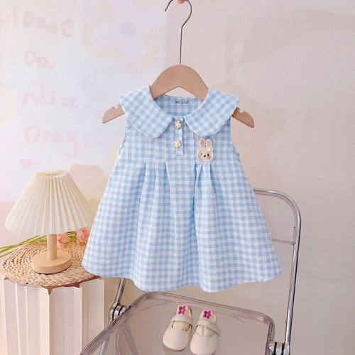 Girls Light Blue Checked Rabbit Applique Sleeveless A-Line Dress Casual Dresses Light Blue 1-2 Y