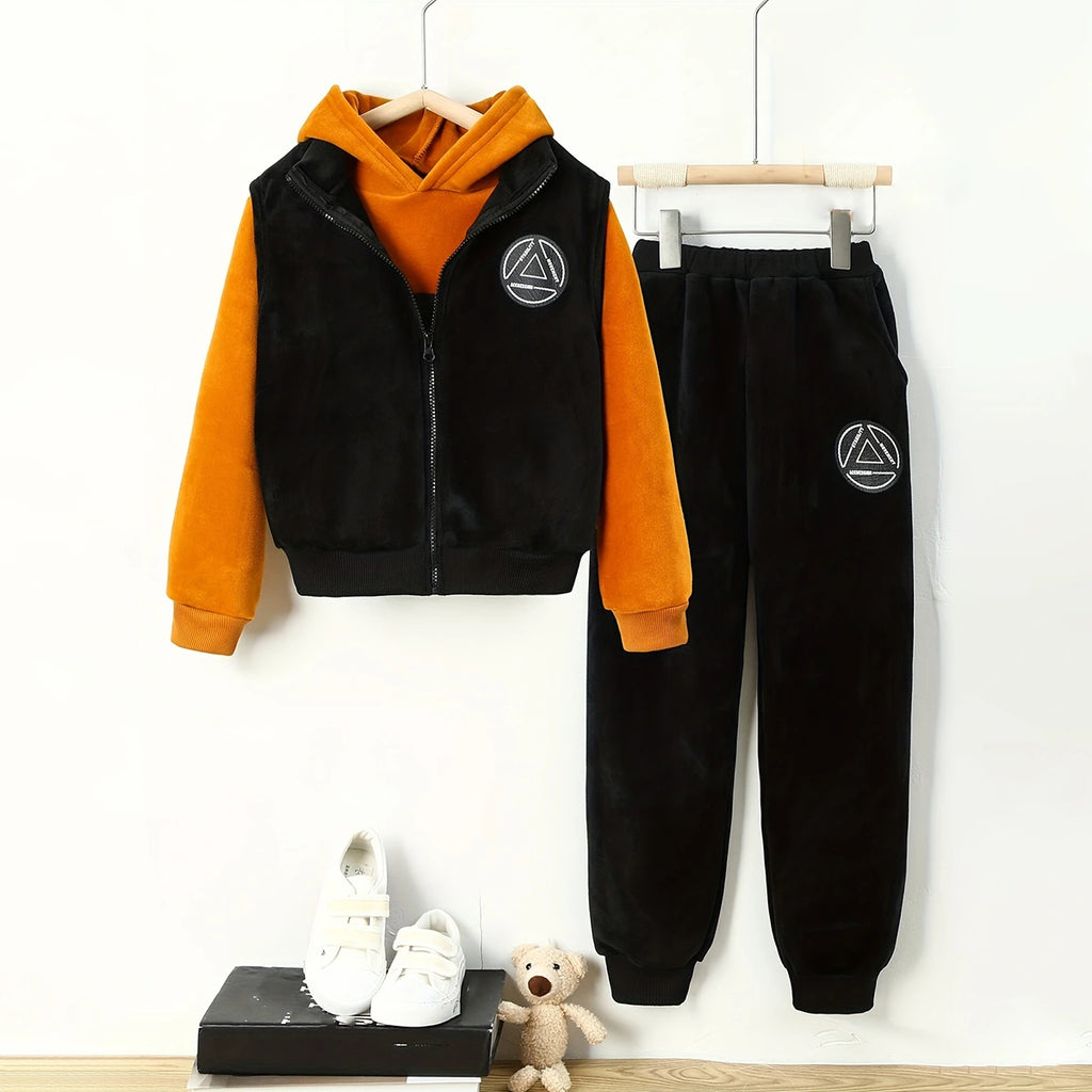 Boys Yellow Typographic Printed Hoodie With Sleeveless Jacket & Jogger Sets Sets