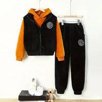 Boys Yellow Typographic Printed Hoodie With Sleeveless Jacket & Jogger Sets Sets