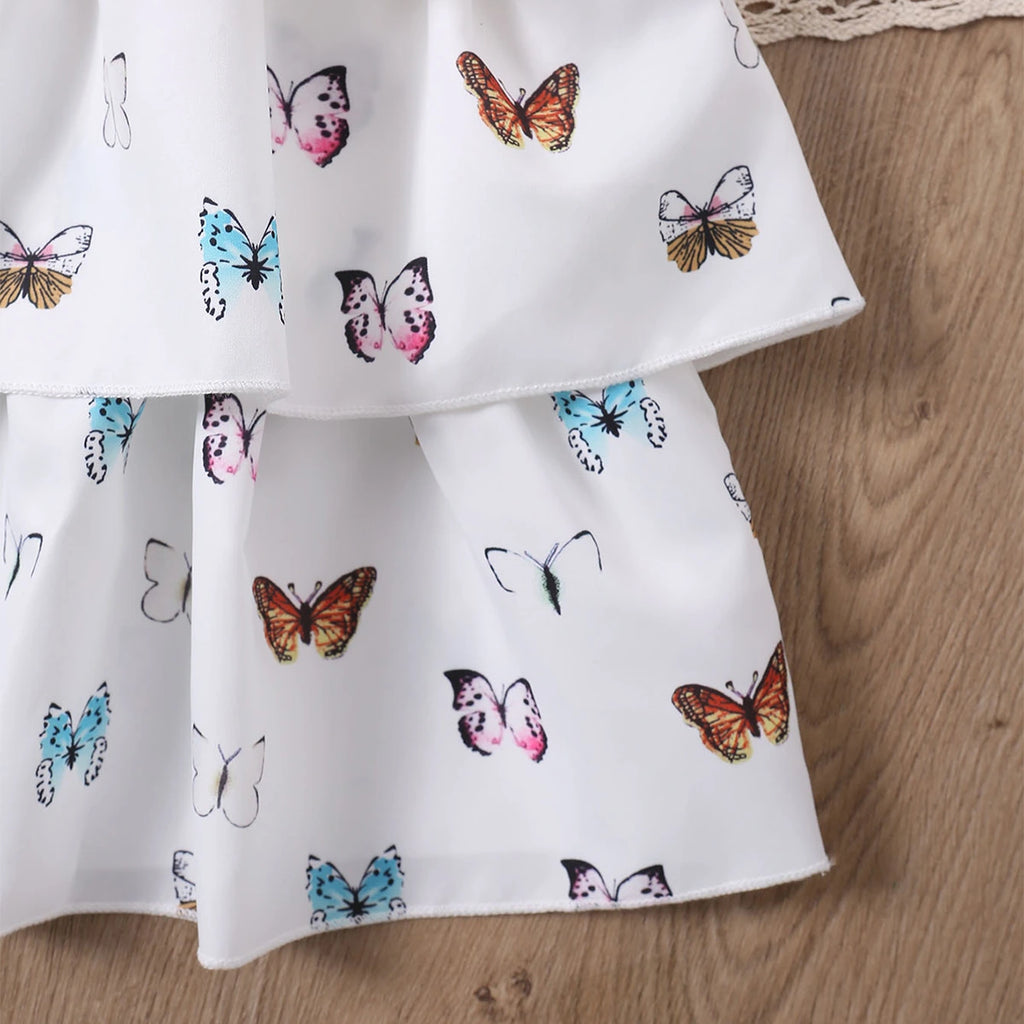 Girls White Butterfly Printed Sleeveless Layered Dress With Shrug Casual Dresses