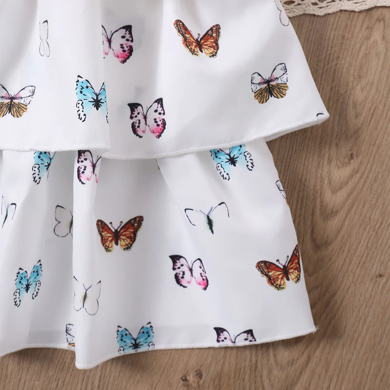 Girls White Butterfly Printed Sleeveless Layered Dress With Shrug Casual Dresses