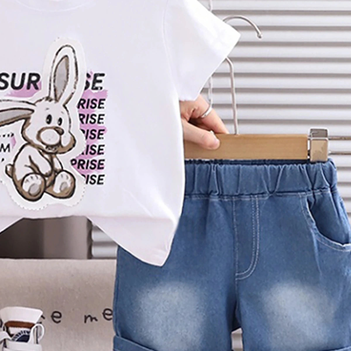 Boys White Bunny Short Sleeve T-Shirt With Elasticated Denim Shorts Sets 2 pc. Sets