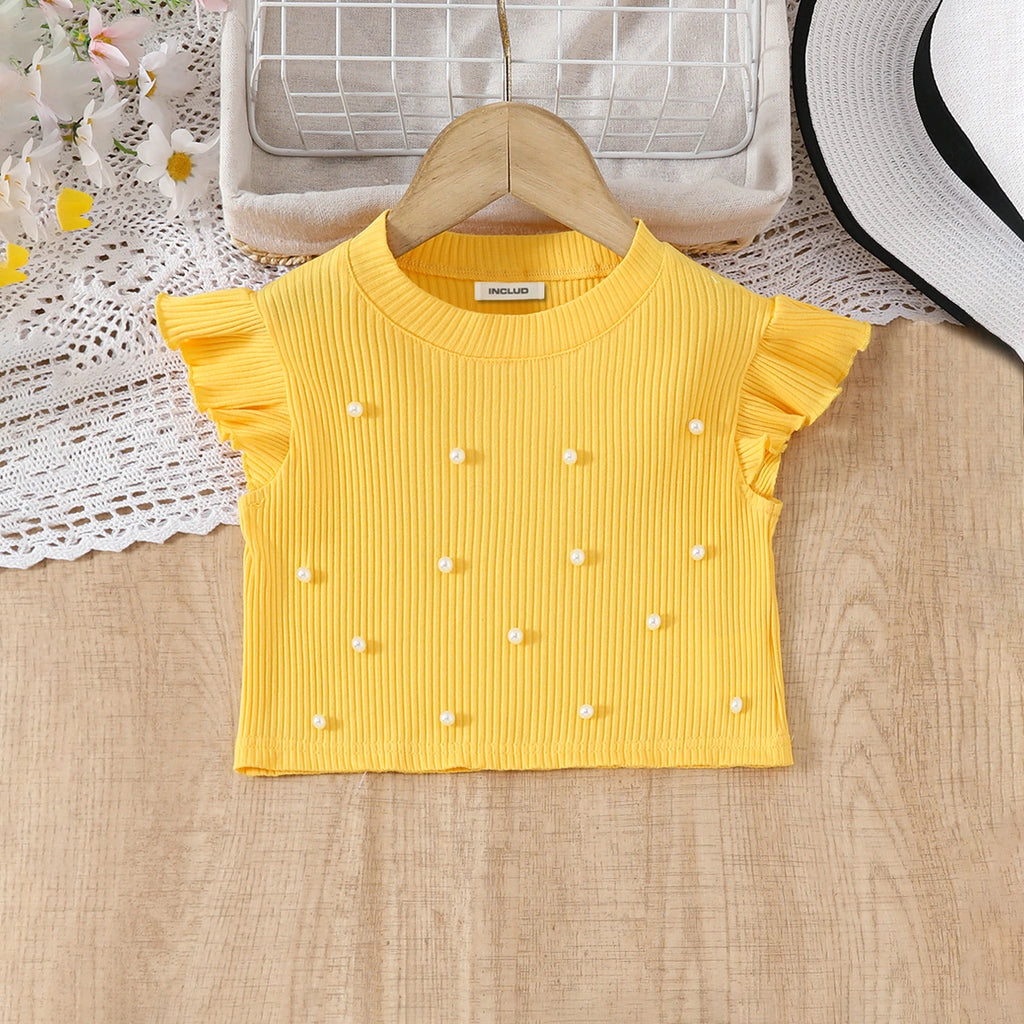 Girls Yellow Pearl Embellished Top With Ruffled Tulle Skirts Set Sets