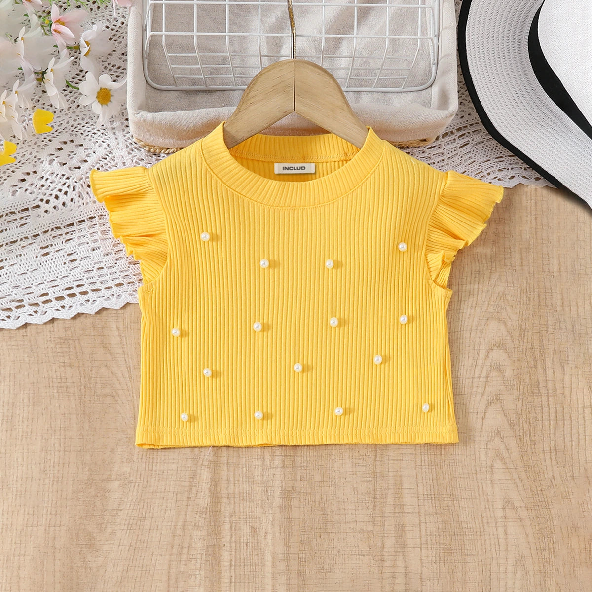 Girls Yellow Pearl Embellished Top With Ruffled Tulle Skirts Set Sets