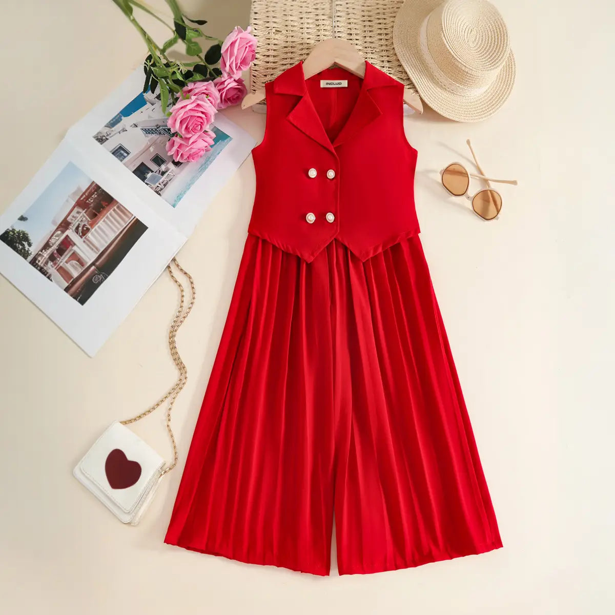 Girls Red Sleeveless Vest With Pleated Flared Pants Set Sets Red 2-3 Y