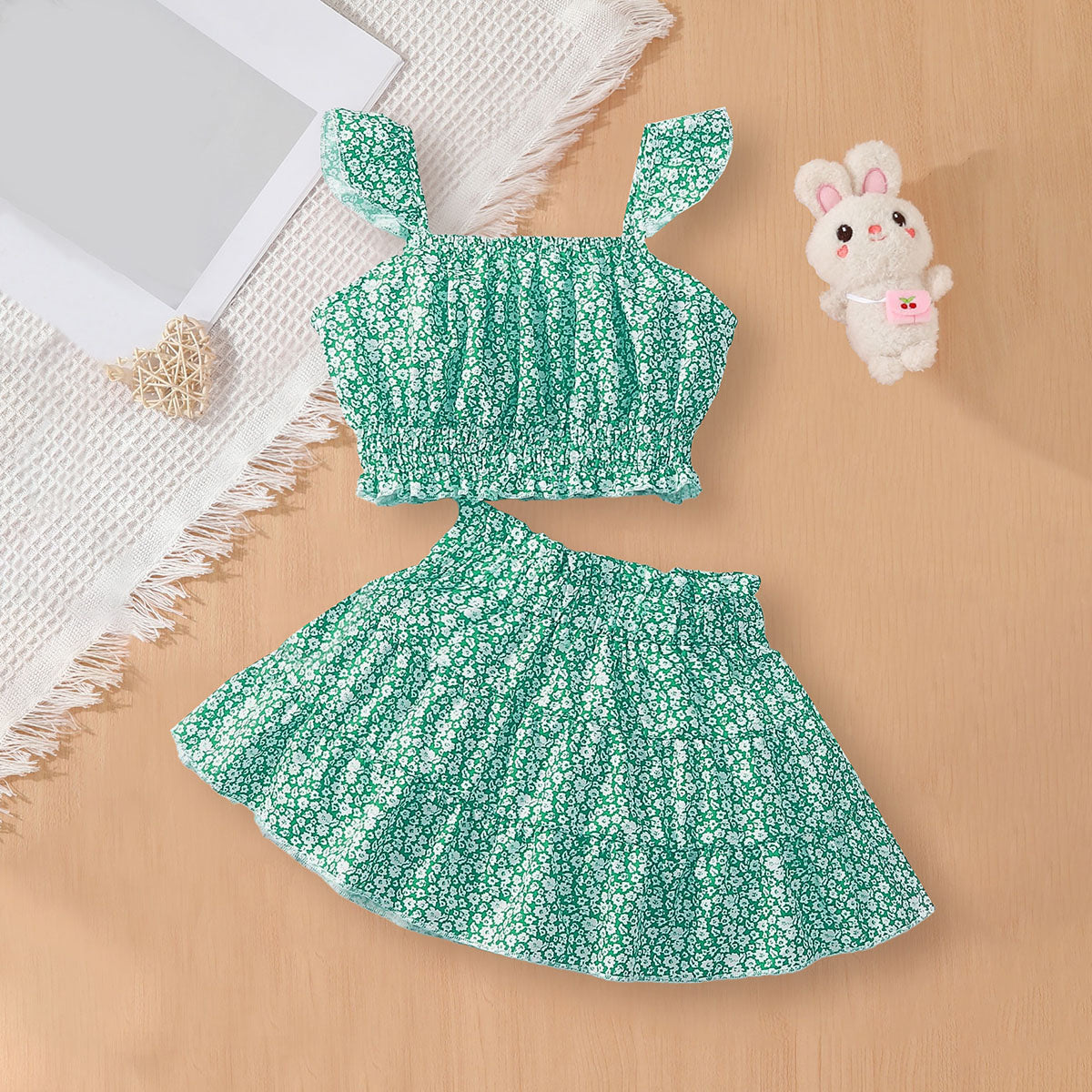 Girls Green Floral Printed Sleeveless Top With Tiered Skirt Set 2 pc. Sets
