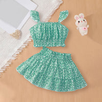 Girls Green Floral Printed Sleeveless Top With Tiered Skirt Set 2 pc. Sets