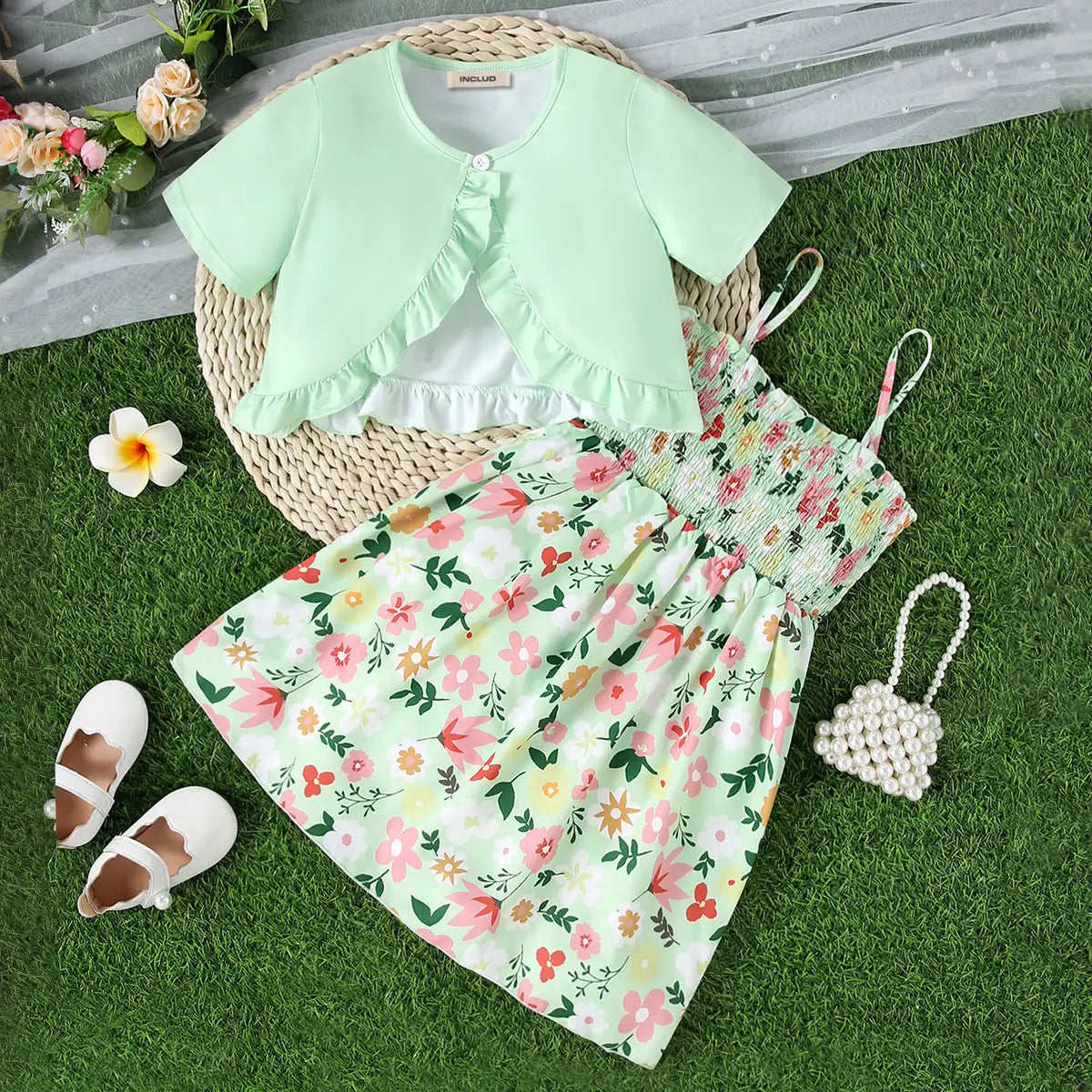 Girls Mint Green Floral Sleeveless SunDress With Short Sleeves Crop Top Casual Dresses Green 3-4 Y
