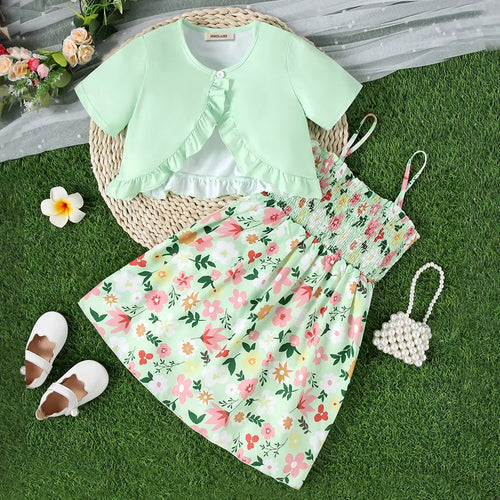 Girls Mint Green Floral Sleeveless SunDress With Short Sleeves Crop Top Casual Dresses Green 3-4 Y