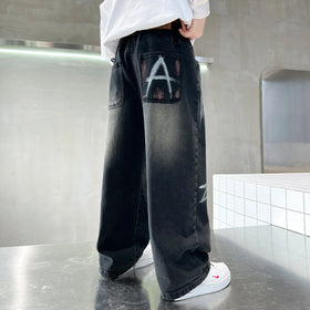 Boys Black Typographic Print Loose Fit Denim Jeans Pants