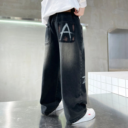Boys Black Typographic Print Loose Fit Denim Jeans Pants