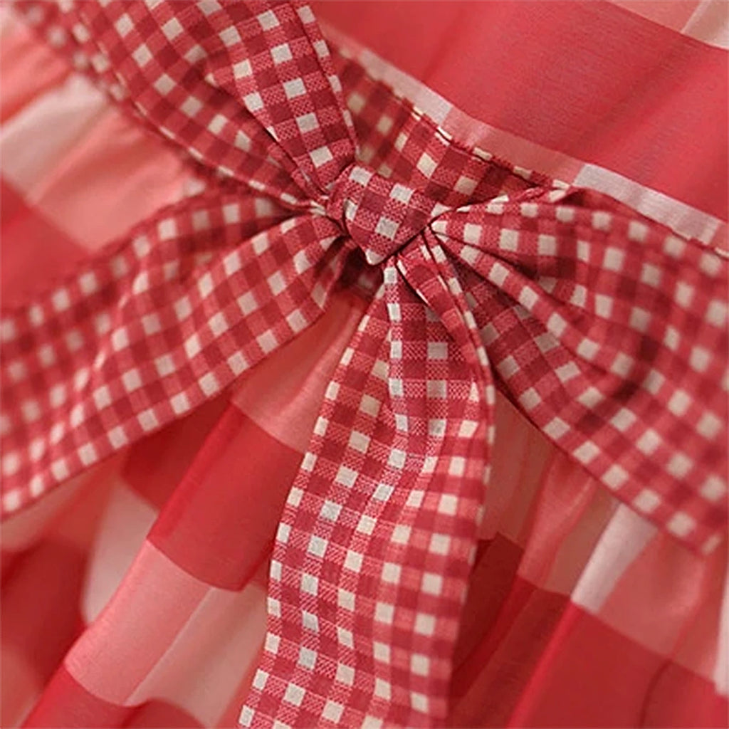 Girls Red Checked Cherry Applique Sleeveless Fit & Flare Dress Casual Dresses