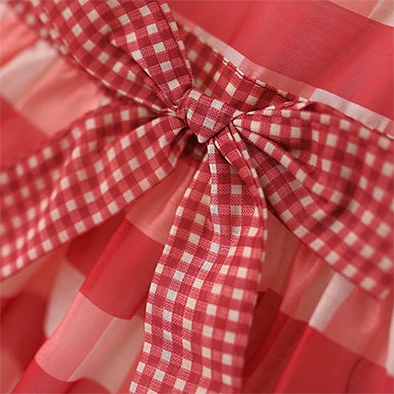 Girls Red Checked Cherry Applique Sleeveless Fit & Flare Dress Casual Dresses