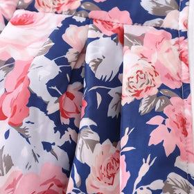 Girls Navy Blue Floral Print Long Sleeve Hooded Jacket Coats & Jackets