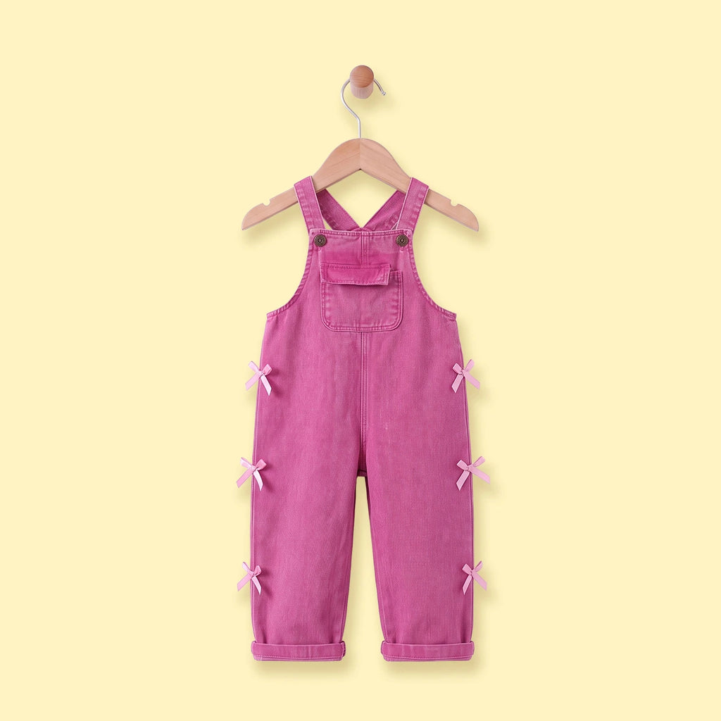 Girls Fuchsia Denim Bow Applique Dungaree Jumpsuits Fuchsia 3-4 Y