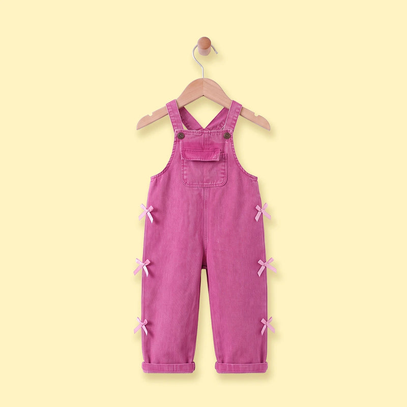 Girls Fuchsia Denim Bow Applique Dungaree Jumpsuits Fuchsia 3-4 Y