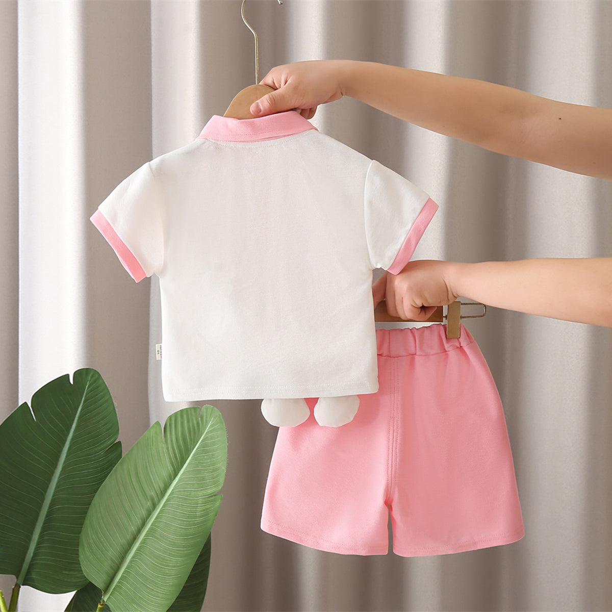Boys Pink Cartoon Printed Applique Short Sleeves Polo T-Shirt With Shorts Set 2 pc. Sets