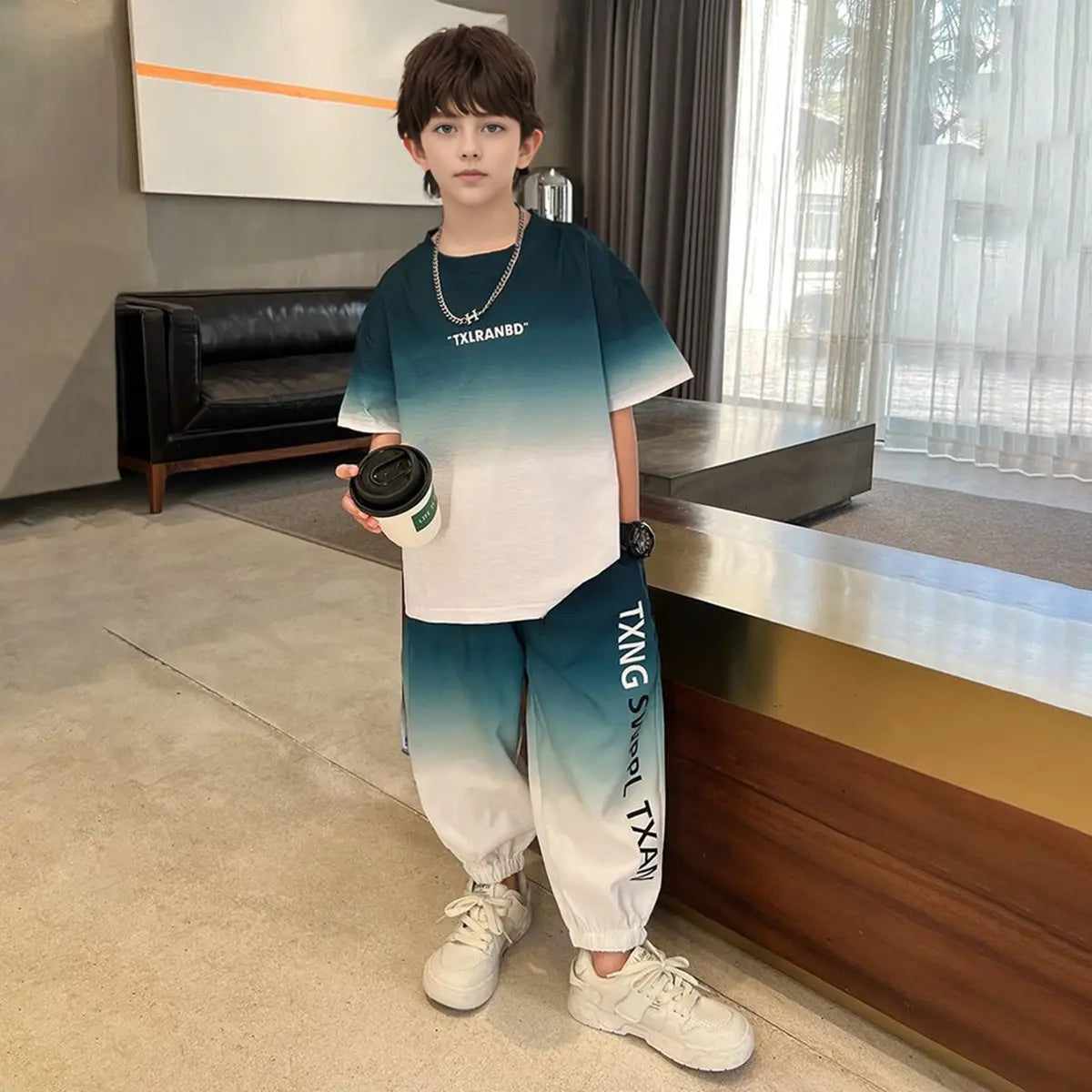 Boys Green Typographic Print Short Sleeves T-Shirt With Jogger Co-ord Sets Sets