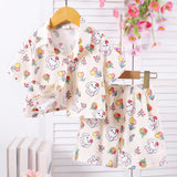 Girls White Cartoon Graphic Printed Short Sleeve Shirt With Shorts Set